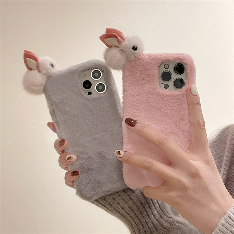 Cute Plush Stereo Rabbit Phone Case Kawaii Korea Furry Cartoon Fall Protection For iPhone 15 14 13 Pro Max 16Pro 15Pro Girl