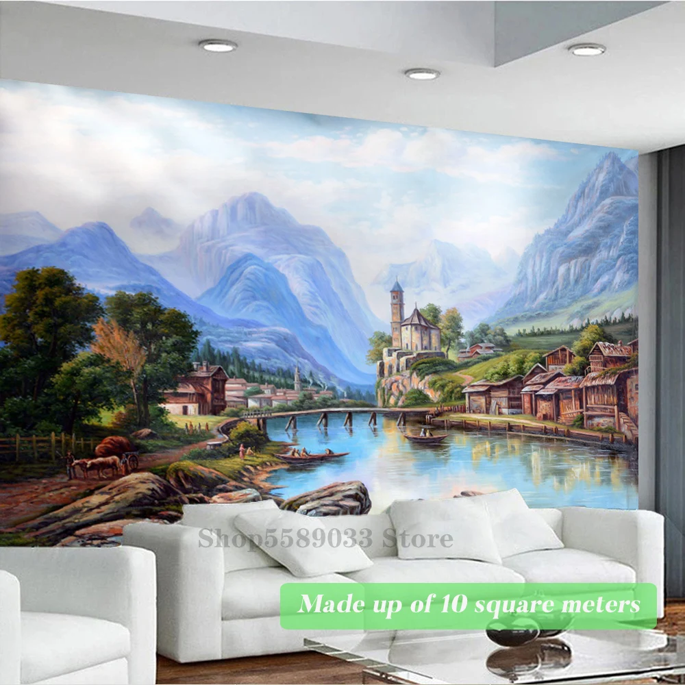 Retro Rural Town Large Wallpapers Oil Painting Countryside Landscape Natural Scenery Wall Mural Living Room Bedroom Decoration