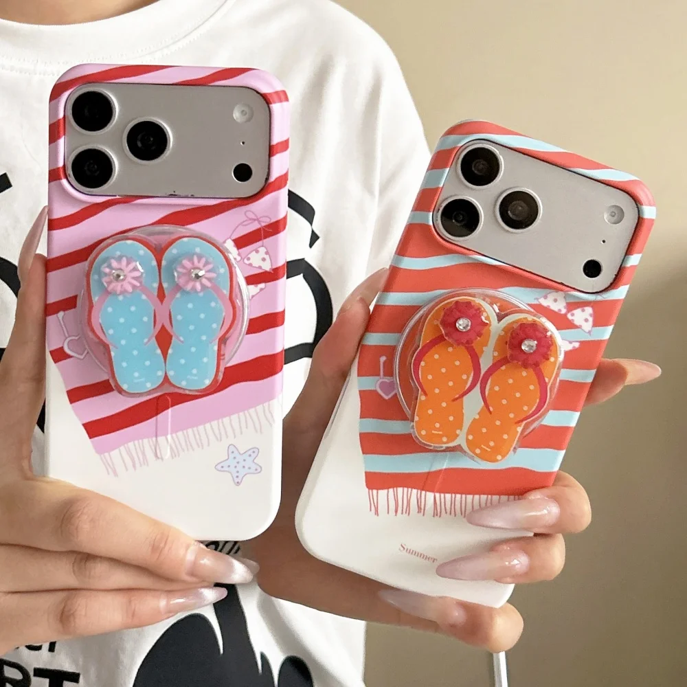 

Ins Summer Striped Cute 3D Flip-Flop Holder Phone Case For iPhone 17 Pro 16 Max 15 16 17 ProMax 15Pro Fashion With Magnetic Case