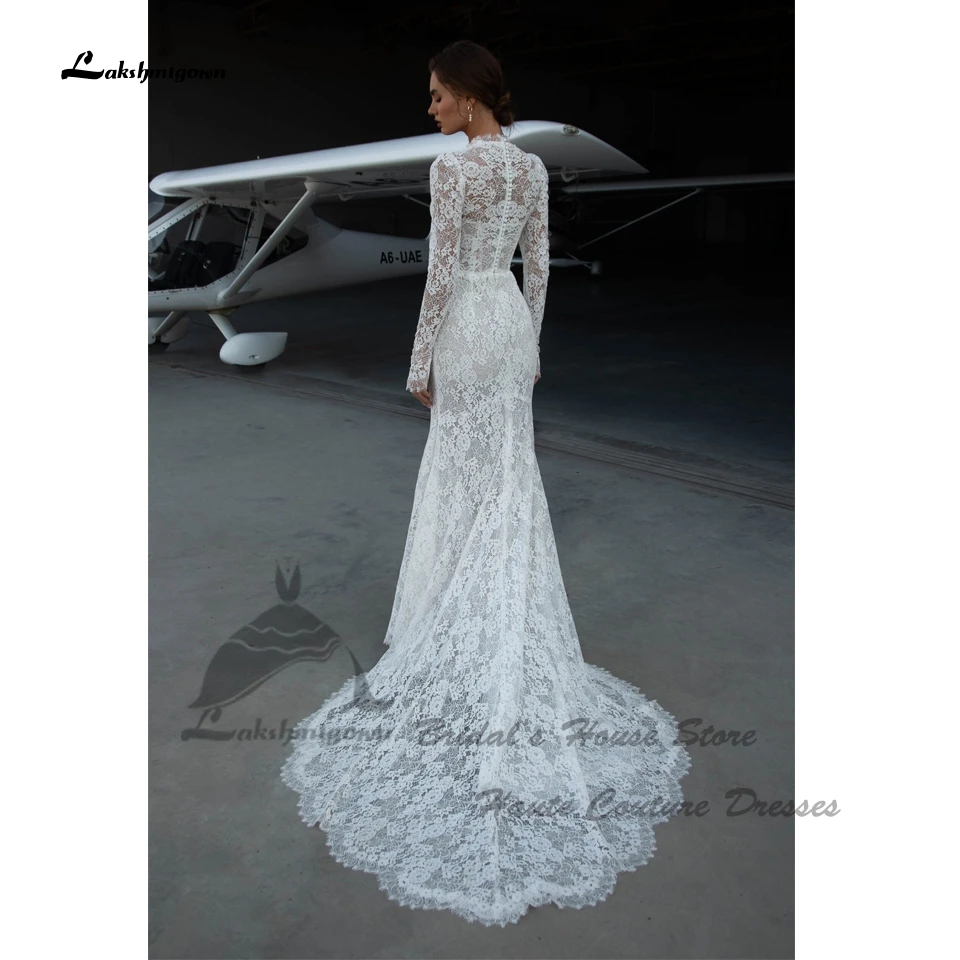 Lakshmigown Vintage Spitzen-Meerjungfrauen-Hochzeitskleid 2026, ziviles, langärmeliges Boho-Brautkleid mit V-Ausschnitt, maßgeschneidert – Detail 3