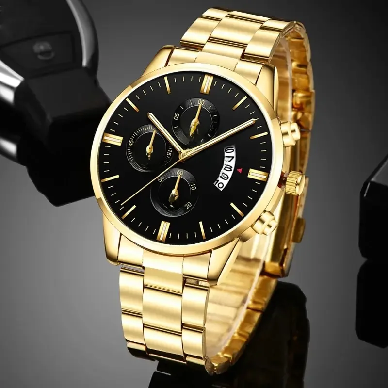 Montre-bracelet à quartz en acier inoxydable doré pour homme, montres d'affaires, horloge de luxe, calendrier, mode, 2023