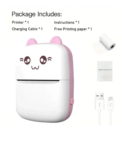 Portable HD Mini Thermal Printer Portable Bluetooth Wireless Cute Cat 57mm Photo Label Pocket DIY Use Printing For iOS/Android