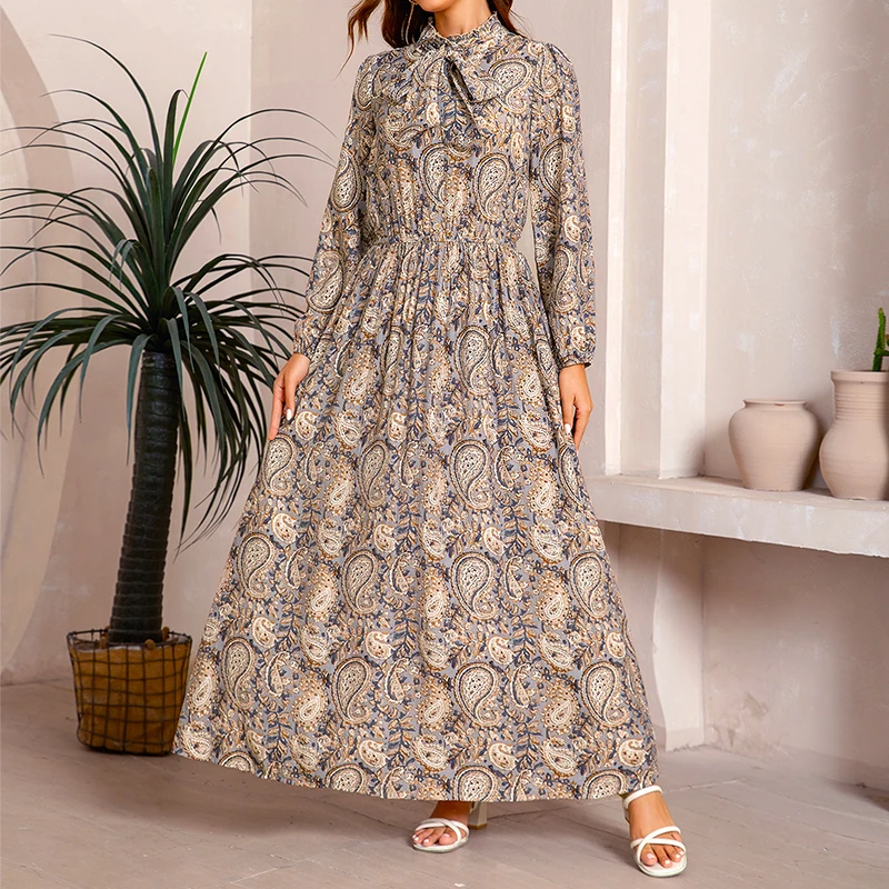 2026 Neues Retro-Kleid mit Cashew-Nuss-Print für Damen, Elegantes Europäisches Urlaubsoutfit, A-Linien-Maxirock für Dates – Detail 6