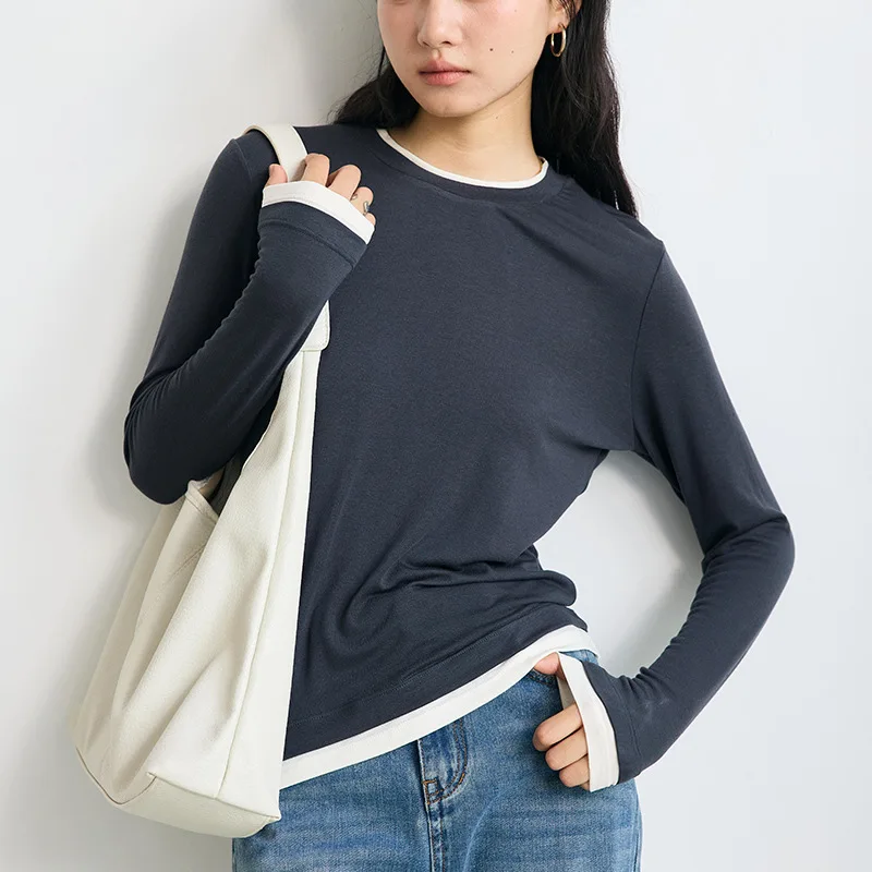 Women's T-Shirts Korea Stylish Autumn Warm Winter Full Sleeve Layer Tops Fake Two-Pieces Basic Undershirt Knitwear Outwear C5885