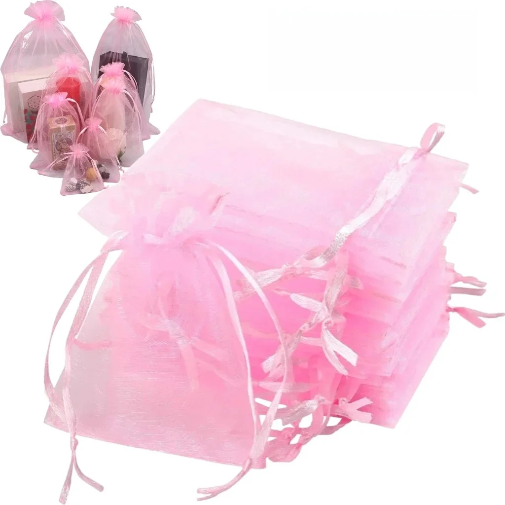 100 pièces sacs en Organza maille aléatoire sacs à bijoux en Organza cordon, petites pochettes à cordon pour cadeaux bonbons de noël mariage anniversaire