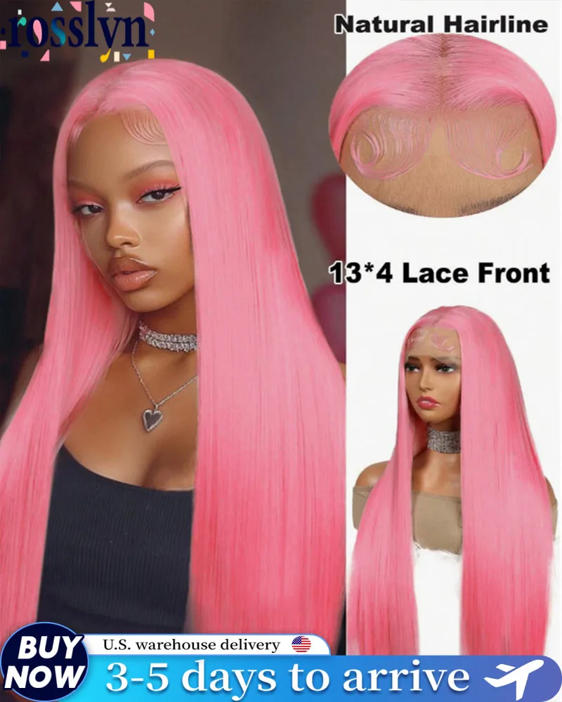 

Розовый парик Rosslyn, прямые человеческие волосы, парик 13x6, кружевной передний парик, плотность 200%, предварительно выщипанные, отбеленные узлы, бразильские парики, оригинальные