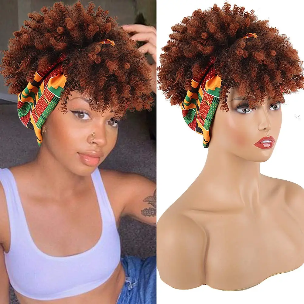 Curly Wigs for Black Women,Headband Wigs with Bangs Wrap Wig 2 in 1 Synthetic Short Afro Kinky Curly Wig with Headband Attached