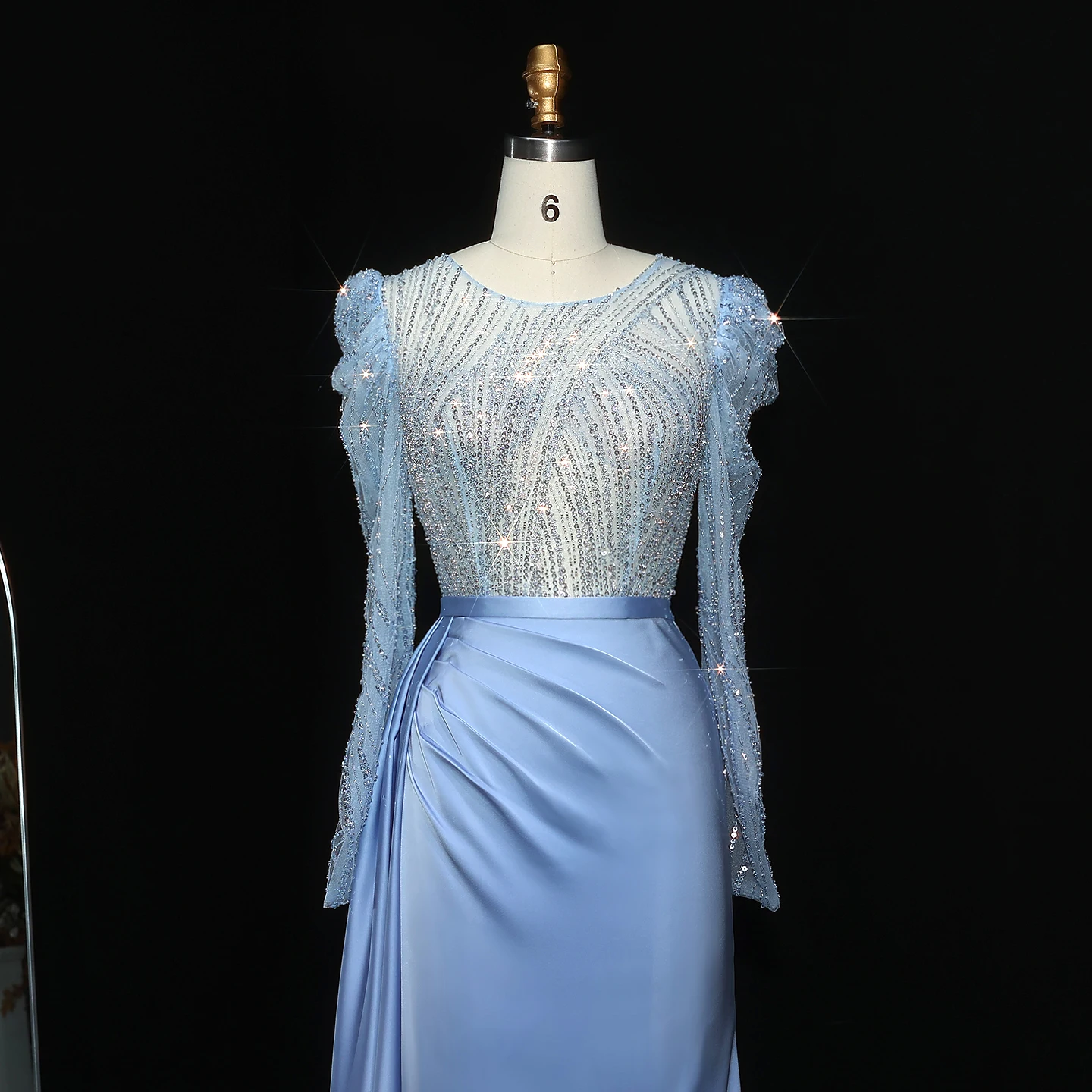 Sharon Said Elegantes blaues Meerjungfrau-Abendkleid mit langen Puffärmeln für die Hochzeit, goldenes langes formelles Gast-Partykleid SS072 Maßgeschneidert