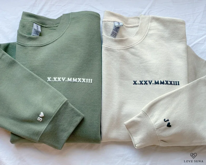 Personalized Roman Numeral Date Sweatshirt Custom Sleeve Initial Couples Sweater Valentines Day Gift Anniversary Gift for Him