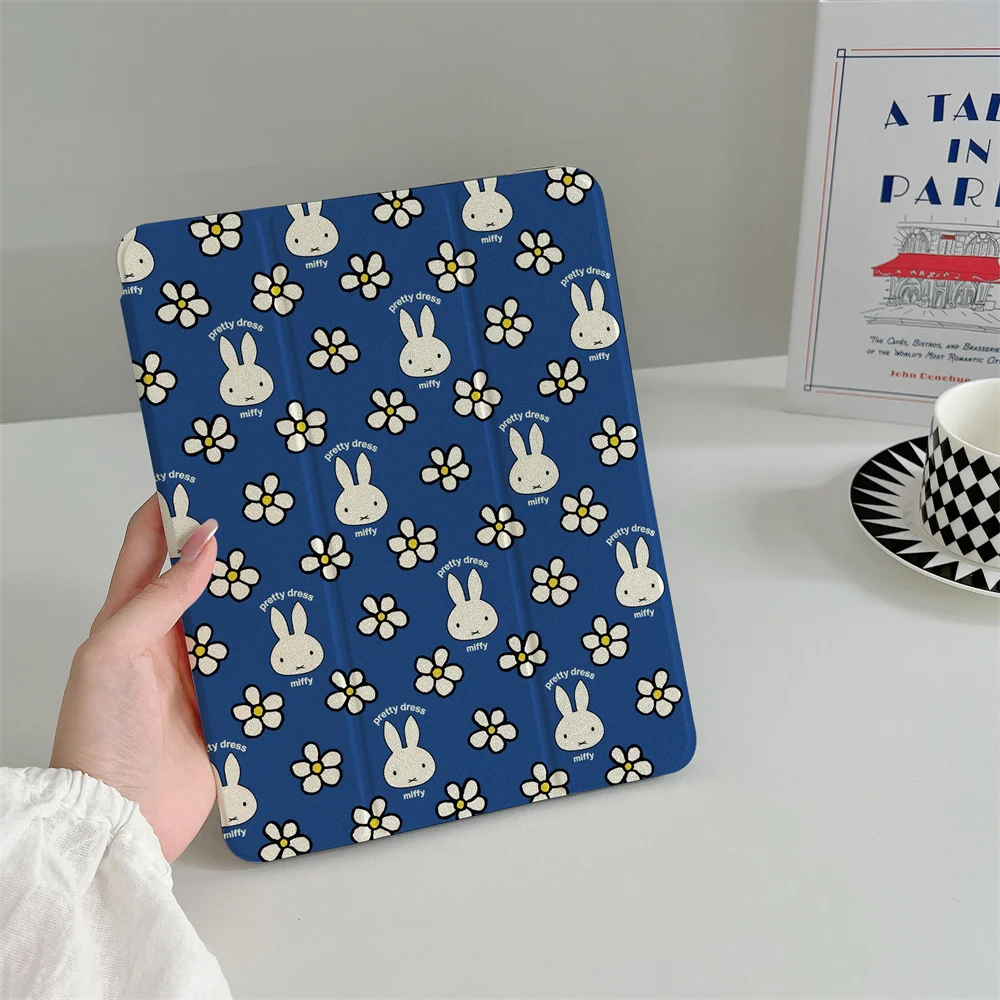 INS Cute Full Screen Miffy Rabbit Flower Suitable for iPad A16 2024 11 inch, 2025 Air 5/4, 10.9-inch iPad 10, 9.7-inch, 10.2/10.