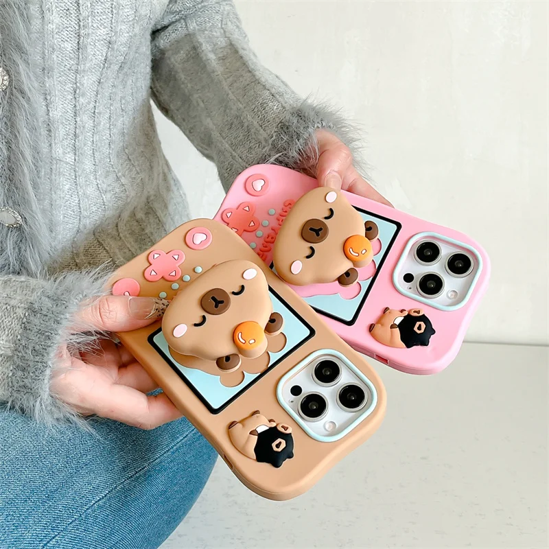 

Cartoon Cute 3D Capybara game console case for iPhone 11 12 13 Pro 14 15 Plus 16 Pro Max Soft silicone with stand anti-drop case