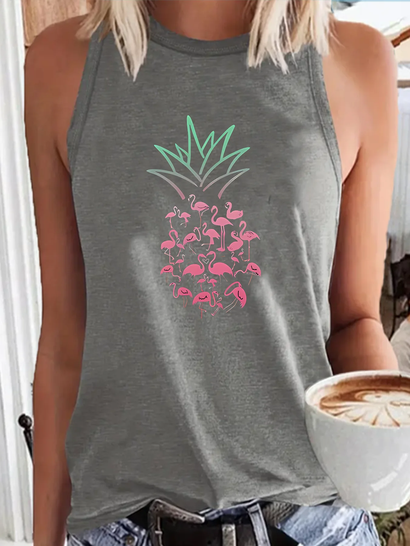 Flamingo Composed Of Pineapple Fashion Funny Sports Women's Tank Top Loose O Neck Sleeveless Casual Tank