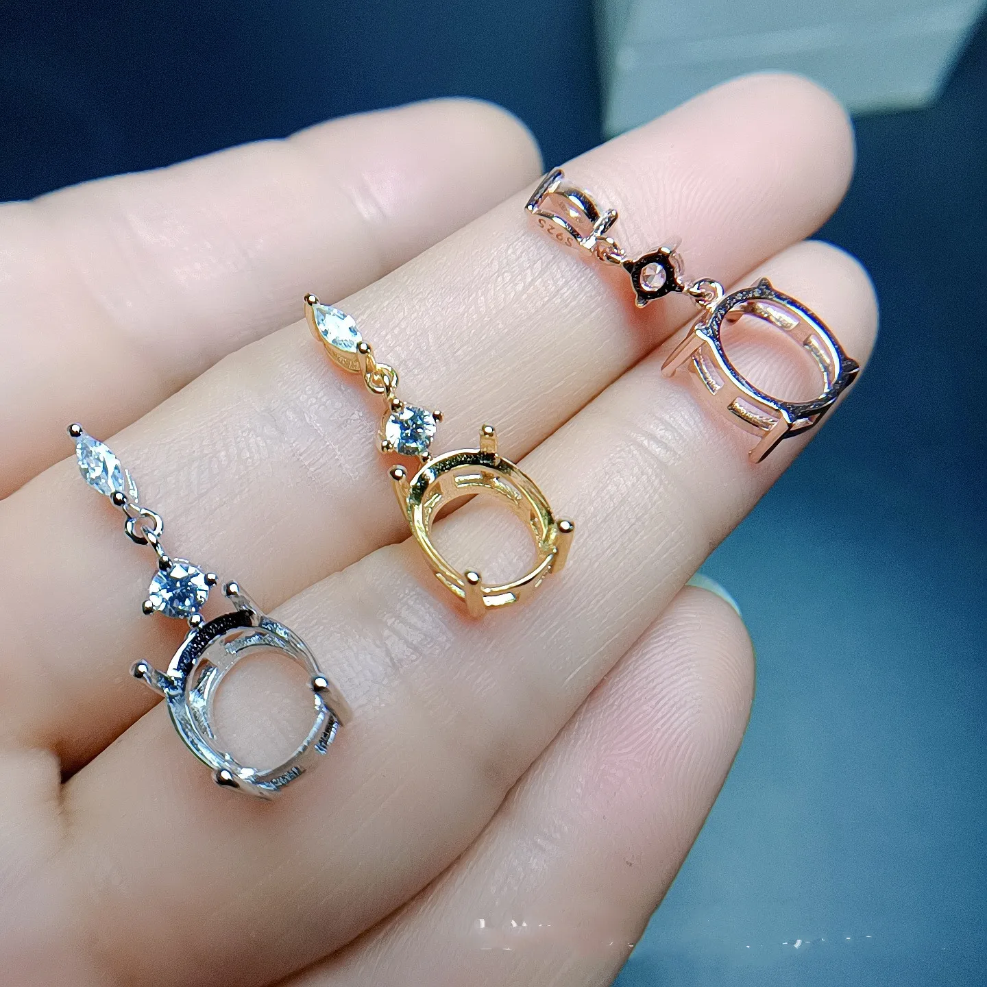 S925 silver pendant with oval shape, 8 * 10mm silver tray plated with 18K white gold, rose gold, and 3 colors for women
