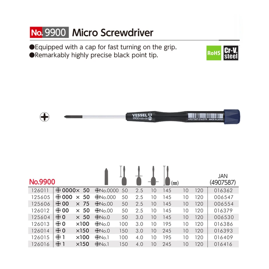 VESSEL Mini Precision Screwdriver 1Pcs for Phillips and Slotted Screws Micro Screwdriver for Eyeglass Watch NO.9900 Series