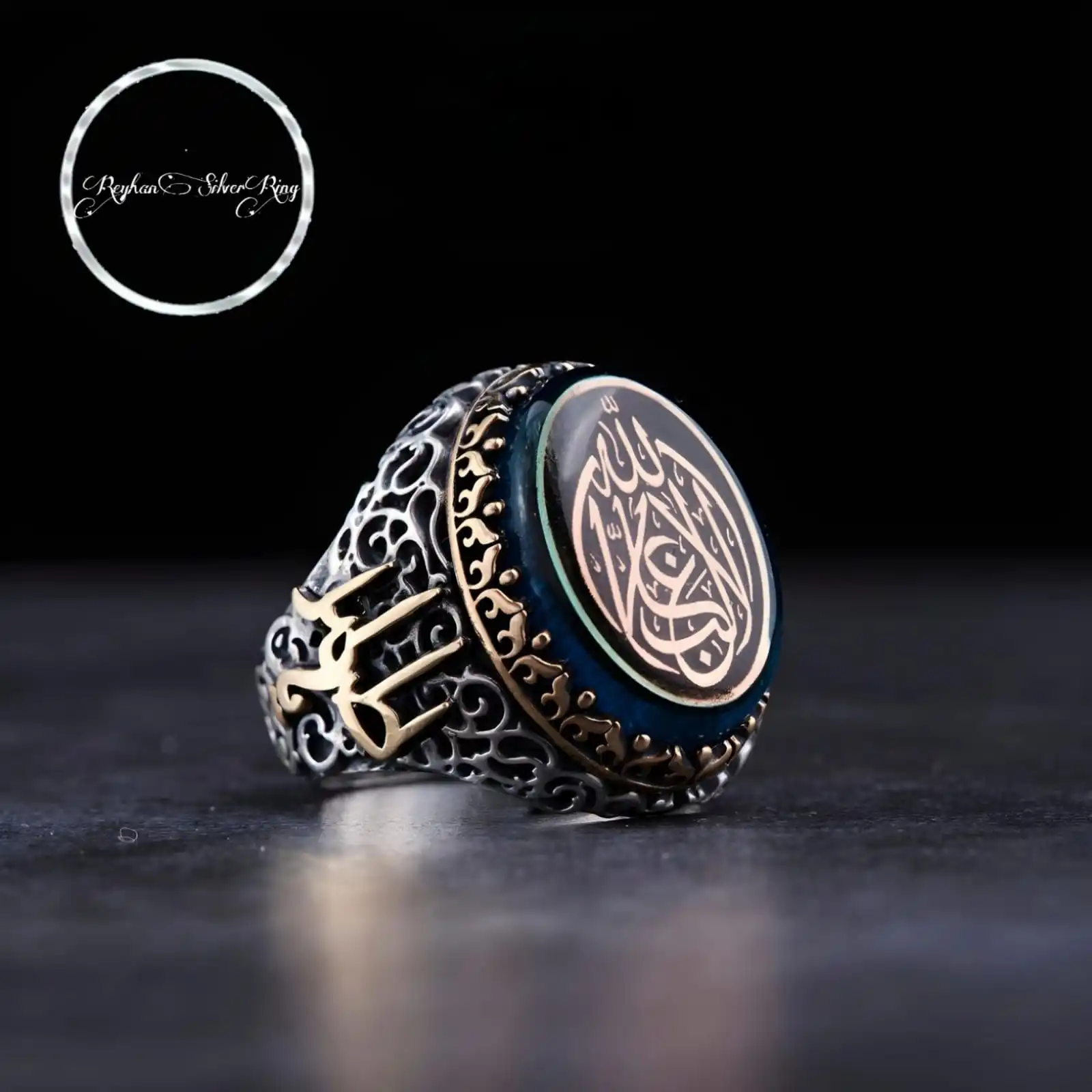 

Custom Men's Silver Ring with Intricate Blue Amber Stones, Arabic Script, and Allah Engravings - Gift for Him