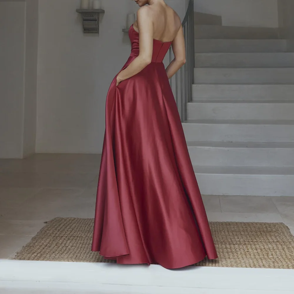 YALIN Strapless Evening Dresses Simple A-Line Sleeveless Long Satin Prom Dress Floor-Length Backless Bridesmaid Gown with Pocket