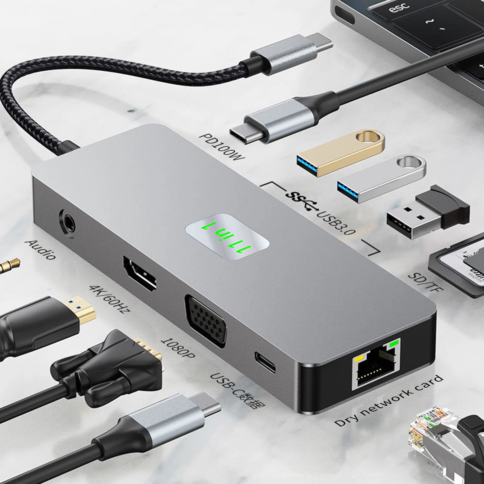 

11 in 1 MST USB-C Hub Type-c to HDMI-adapter DP VGA Gigabit Ethernet 10Gbps USB 3.2 3.5mm Aux Docking Station Hub Splitter