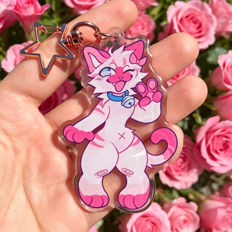 Rosa Flauschige Katze Acryl-Schlüsselanhänger Niedlicher Tier-Schlüsselring Beidseitig Bedruckter Taschenanhänger