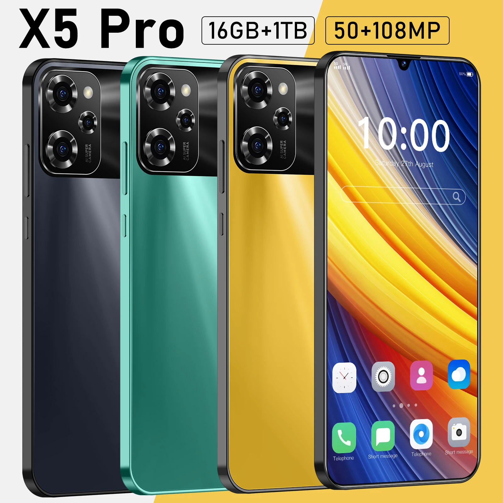 

2024 NEW Mobile Phone X5 Pro 7.3 HD Screen SmartPhone 16G+1T 5G Dual Sim Celulares Android Unlocked 108MP 6800mAh Cell Phone