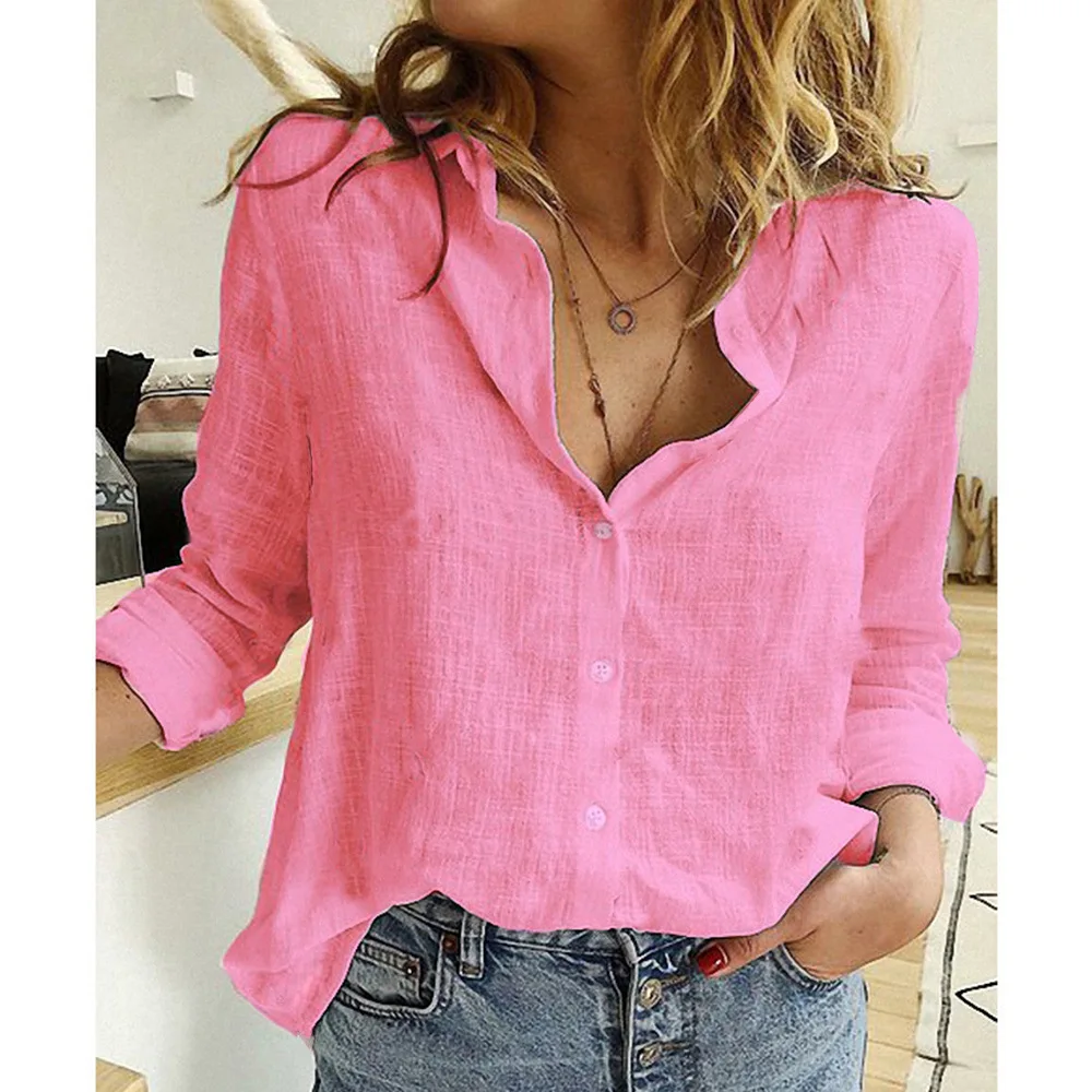 2022 new Button Women\'s Blouses Pockets Cotton Linen Casual Women\'s Shirts Summer Top Long Sleeve Shirt Blouse Solid Color Tops