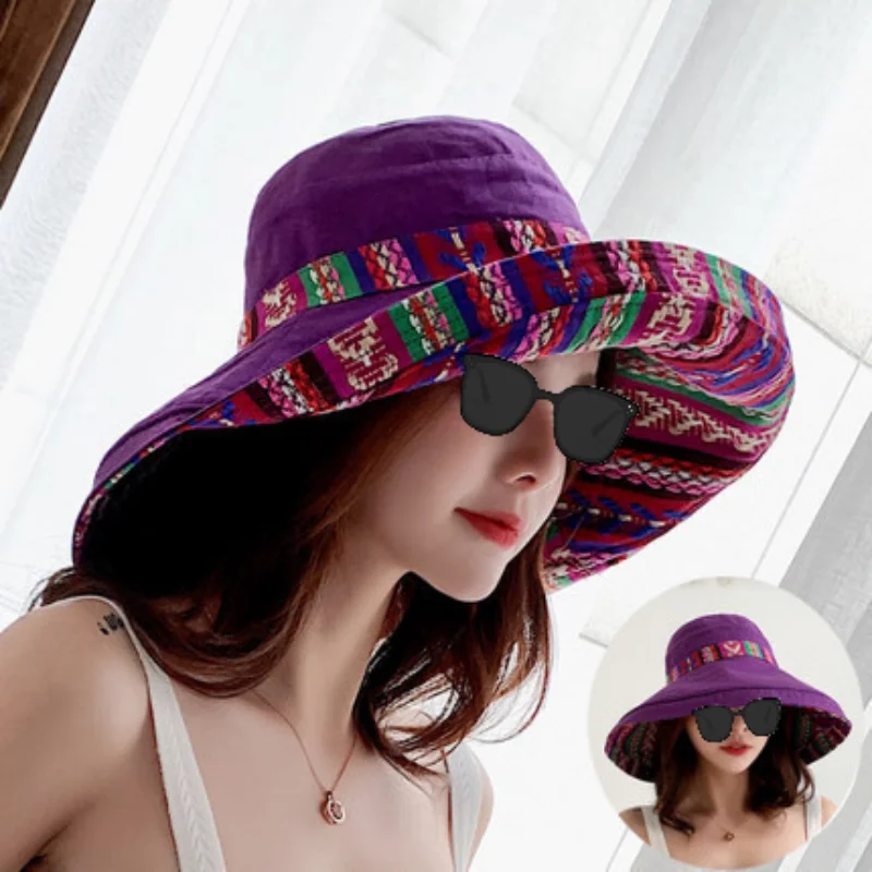 Women Wide Brim Sun Hats Metal Wired Edge Summer UV Protection Beach Fishing Hat for Hiking Garden Travel Chin Strap