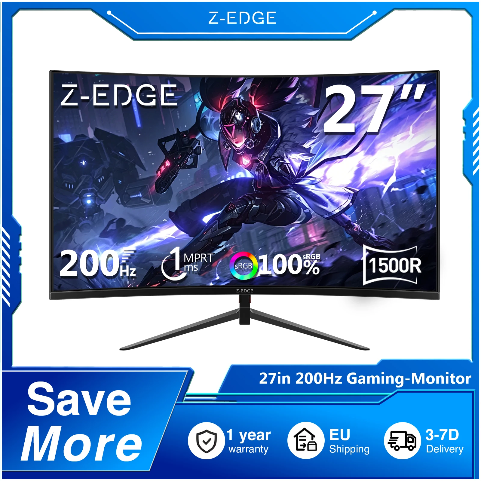 Monitor curvo para juegos Z-EDGE de 27 pulgadas, 200 Hz, 1920 x 1080 Full HD, 1 ms MPRT, panel VA 16:9, HDR10, FreeSync, 350 cd/m², 16,7 millones de colores de visualización, sin parpadeo y con luz azul reducida, compatible con VESA