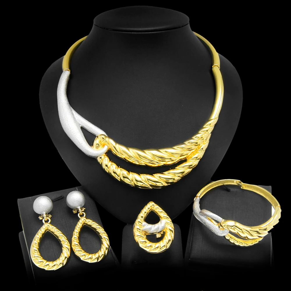 Fashion Italy Gold Plated Ladies Necklace Jewelry Set Simple Style Gold Plated Ring Bracelet Earrings African Jewelry Wedding