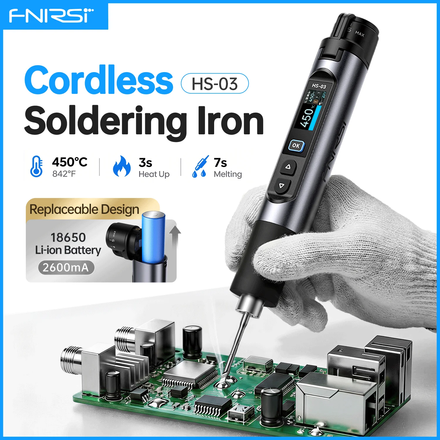 FNIRSI HS-03 Wireless Soldering Iron 10W Rechargeable Portable Soldering Iron 100-450℃ Adjustable Professional Soldering Kit