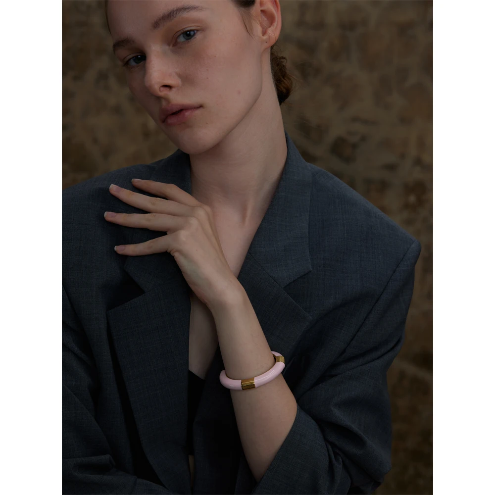 Yhpup Blue Pink Enamel High Quality Cuff Open Bracelet Bangle for Women 18K Gold PVD Plated Fashion Statement Wrist Jewelry Gift