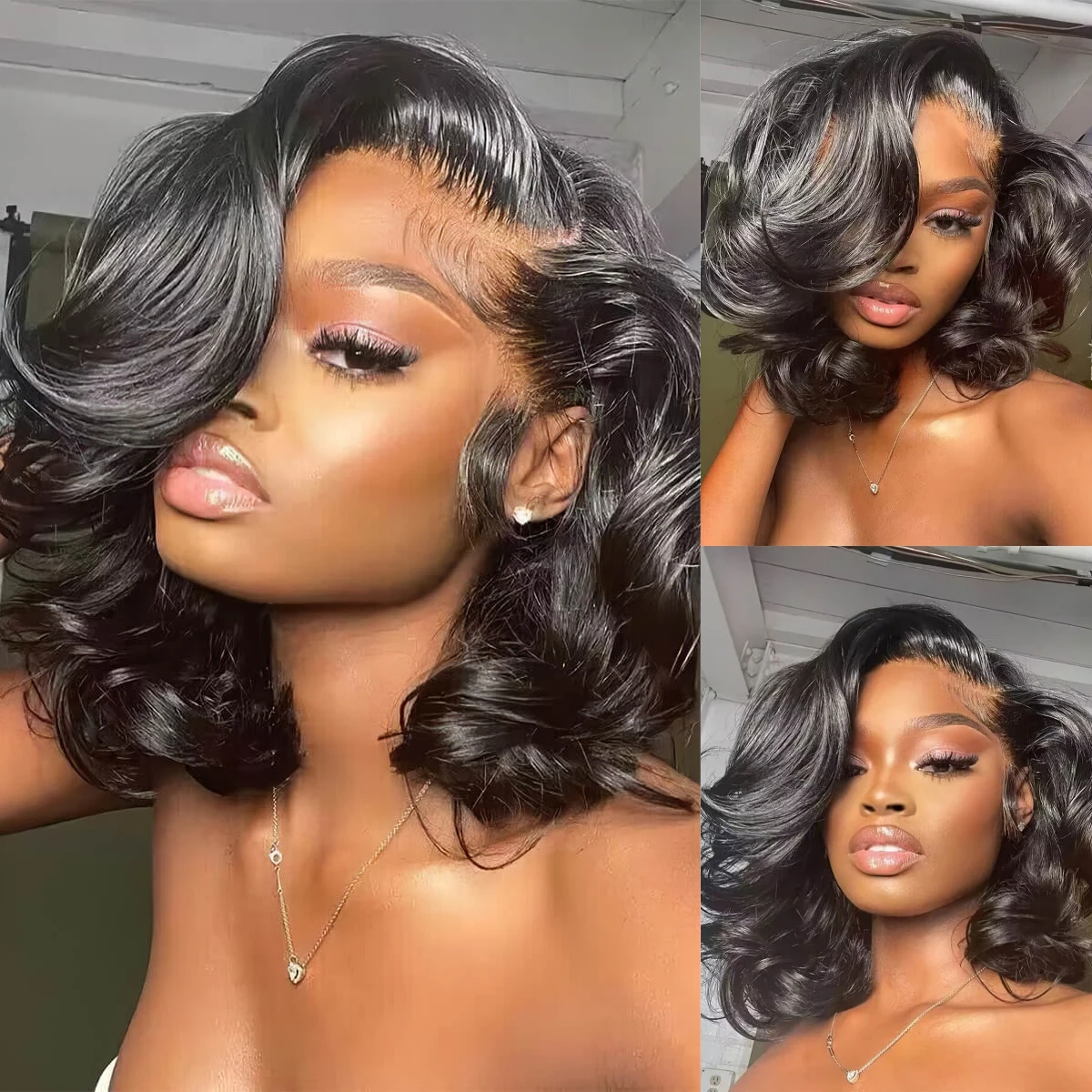 Body Wave 13x4 HD Lace Front Wigs Human Hair 200% Density Bob Wig Human Hair Pre Plucked Short Bob Wigs For Black Women 4x4 Lace Closure Frontal Wig Human Hair Natural Black Loose Wavy 14 Inch Bob Wigs view 8