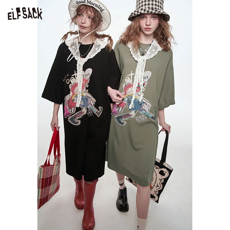 

ELFSACK 2025 Spring New Arrivals Women's Loose Holiday Dress Cartoon Girl Print Lace O-neck T-shirt Dress