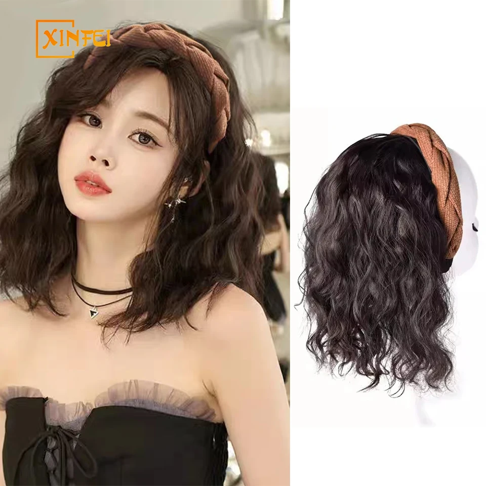 XINFEI Long Wavy Curly Headband Wig Clip on Hair Extension U-Shaped Hairpieces Synthetic Natural Fake Half Wig for Women