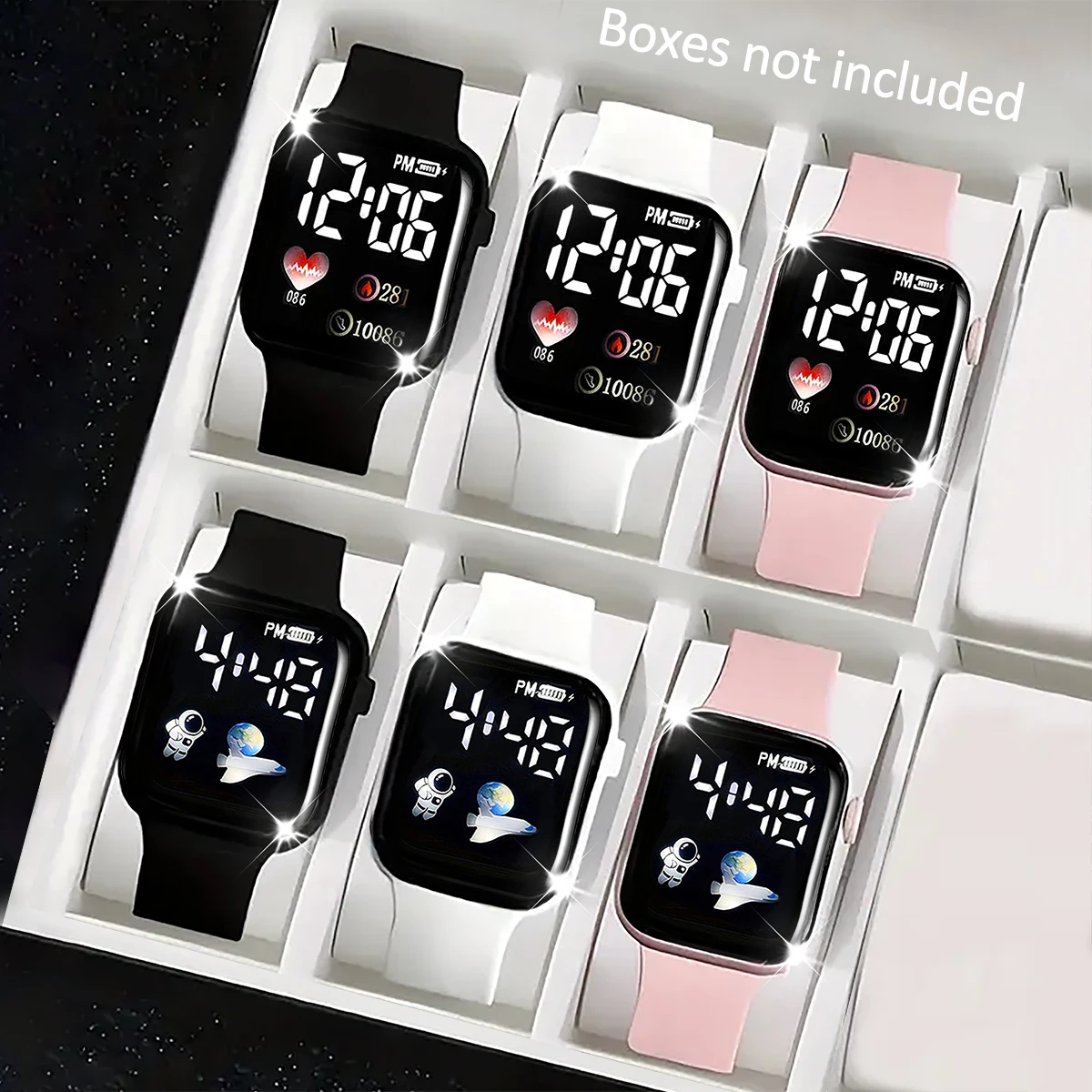 6-Piece Set, Unisex Silicone Strap Led Electronic Watch Set, Available in Black, White, and Pink, Square Dial, Digital Display, Versatile for Daily Casual Wear.