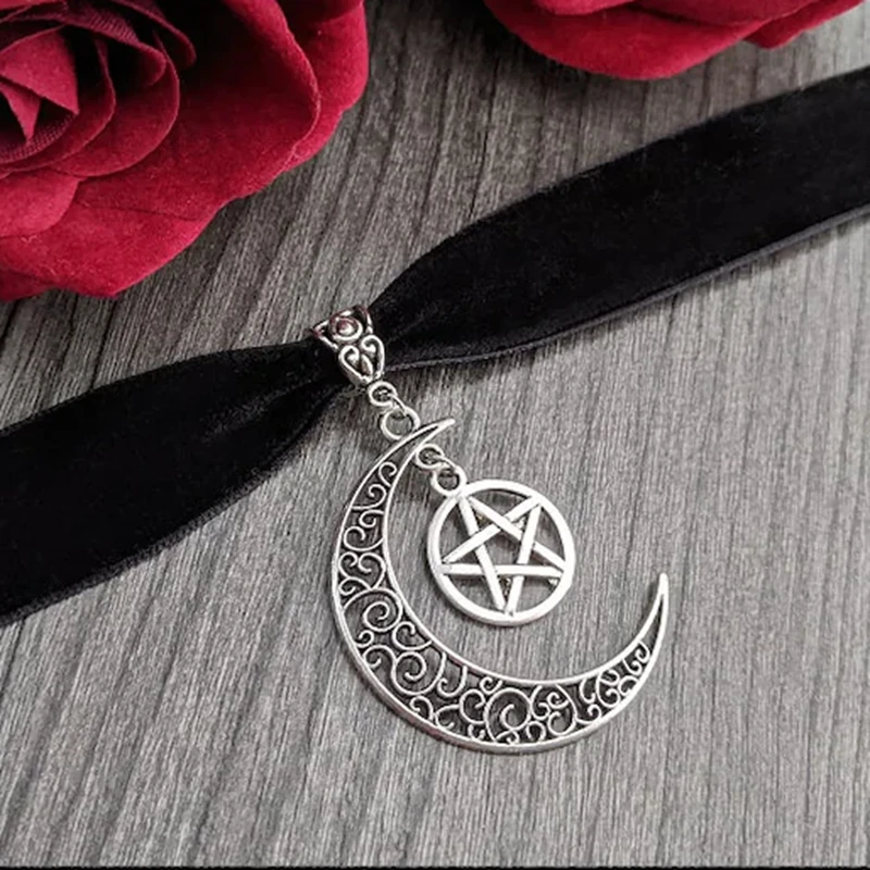 Gothic Velvet Choker In Black with Silvery Moon and Pentagram - Pagan Jewelry Witch Wicca Collar Dark Academia Dark Fashion