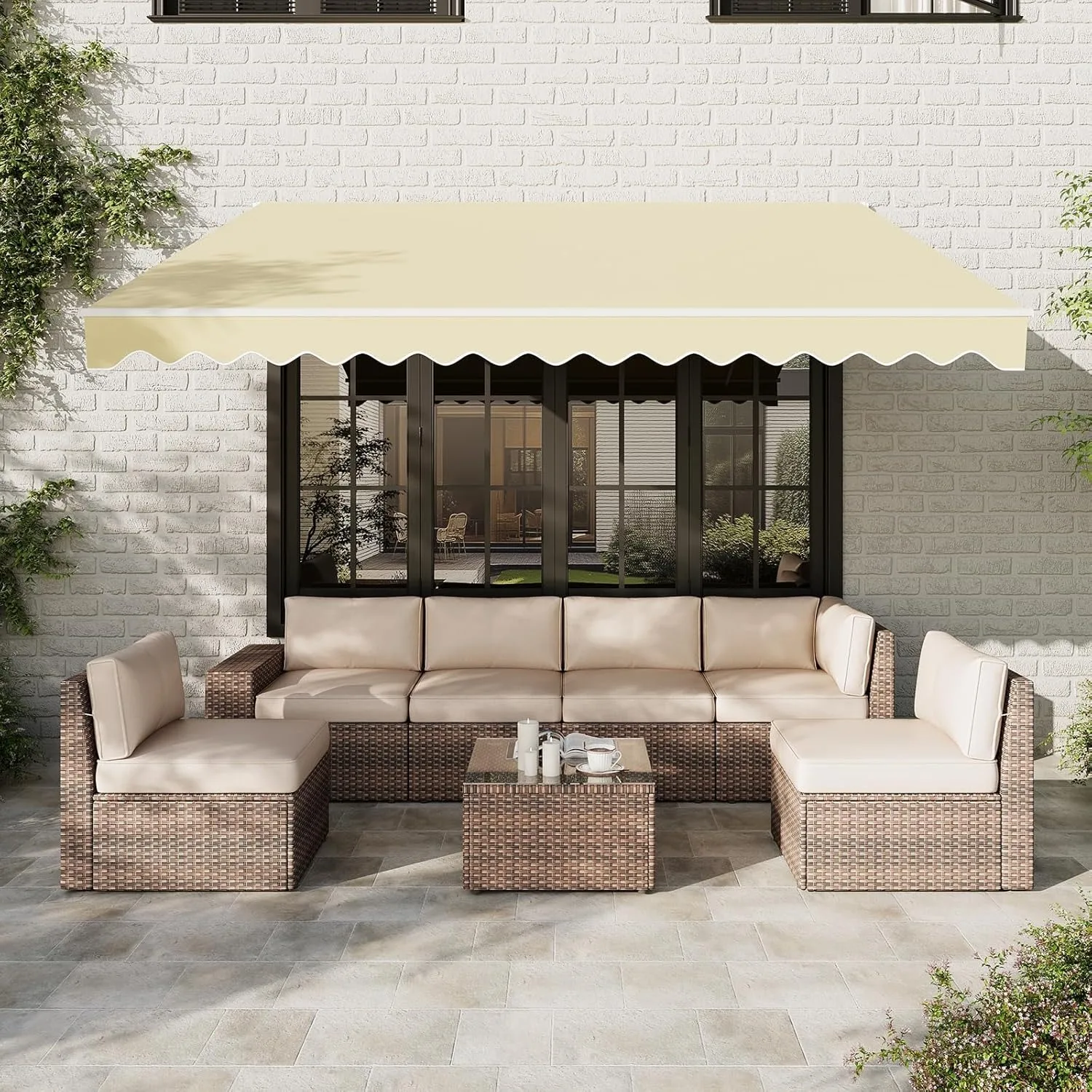 Nordivale 12x10 FT Manual Retractable Awning Outdoor Patio Sun Shade Canopy Waterproof Polyester PA Coated Fabric with Crank Handle for Backyard Deck Window Beige