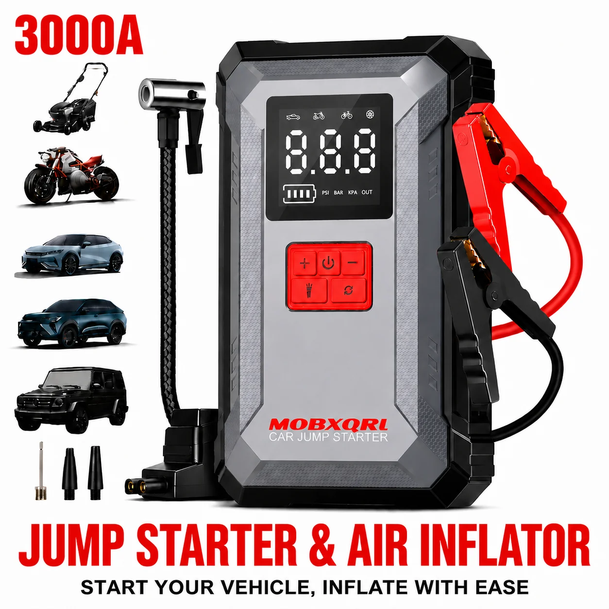 MOBXQRL 3000A Peak Car Jump Starter 12V Portable Battery Jump Box, 150PSI Digital Tire Inflator Air Compressor, Fast Charge USB Power Bank, LED Flashlight Emergency Booster Pack with Jumper Cables for Gas Diesel Cars SUVs Trucks