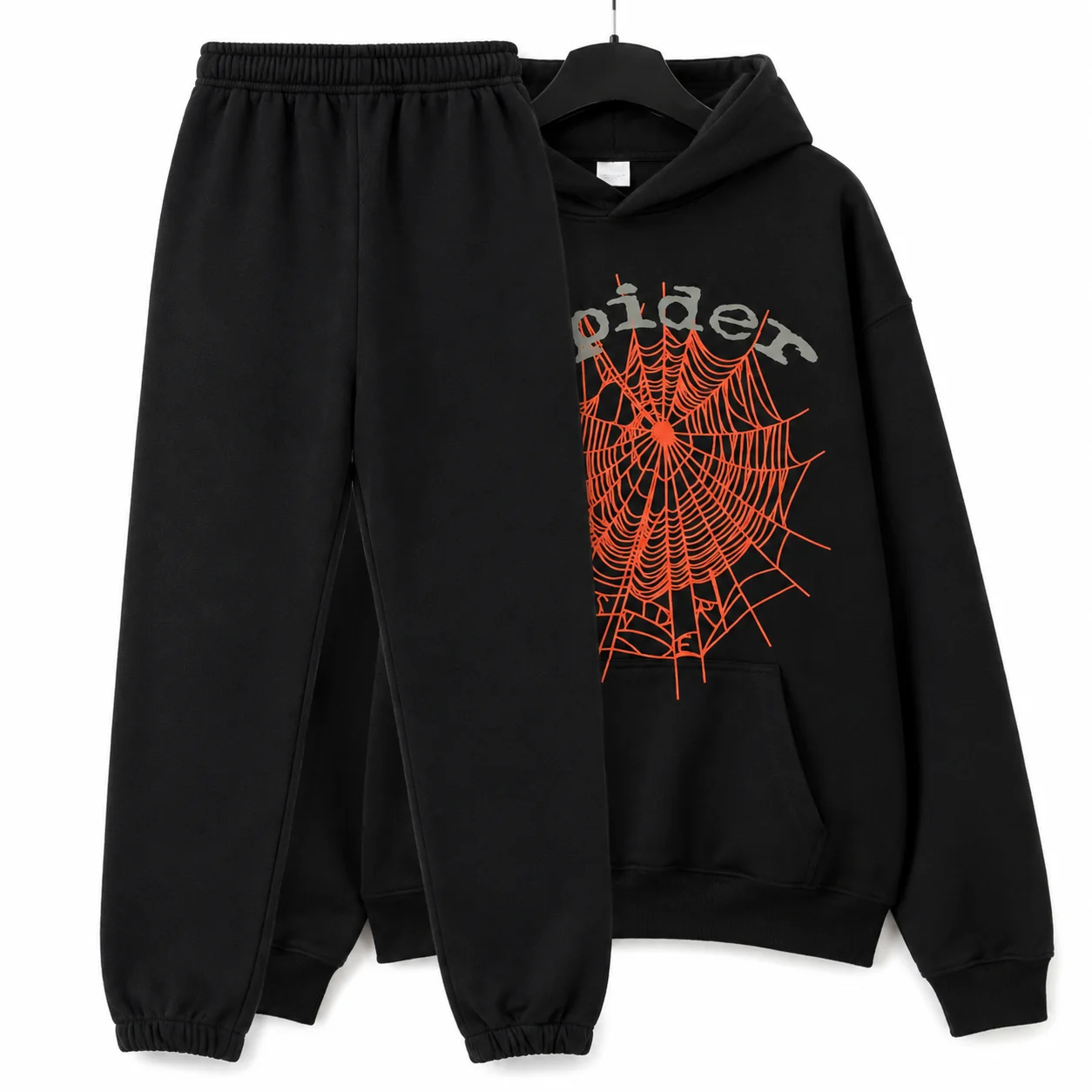 Men's And Women's Street Punk Oversized Hooded Sweatshirt Sets, Spider Web Rhinelstone Hooded Sweatshirts, Hip‑Hop Fashion Letter Aesthetic Sweatshirts, Gender Neutral Sets, Couple Sets