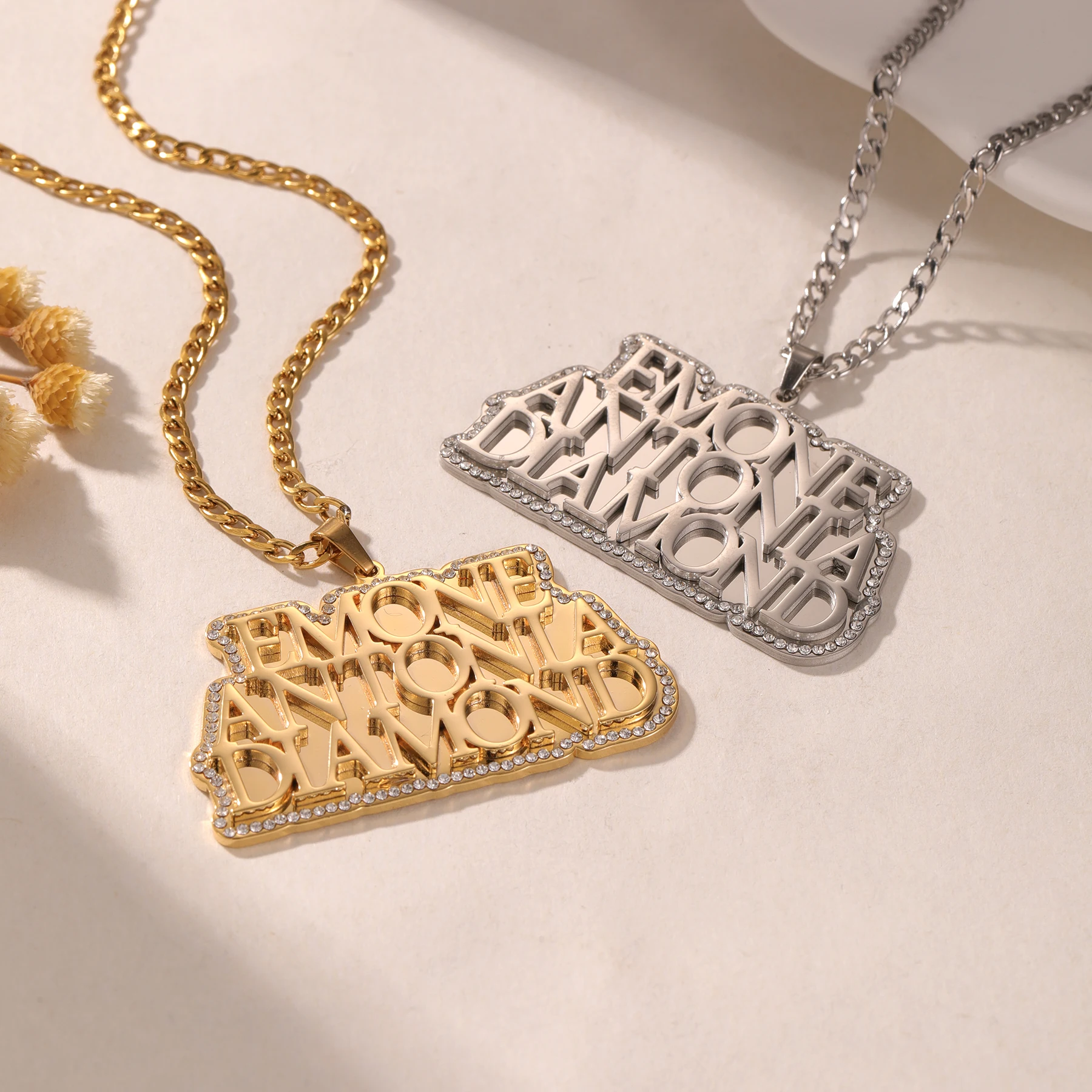 Custom 3-Rows Name Necklace Stainless Steel Cuban Chain Pendant Zircon Jewelry Gift for Women Valentine’s Day Romantic Necklace