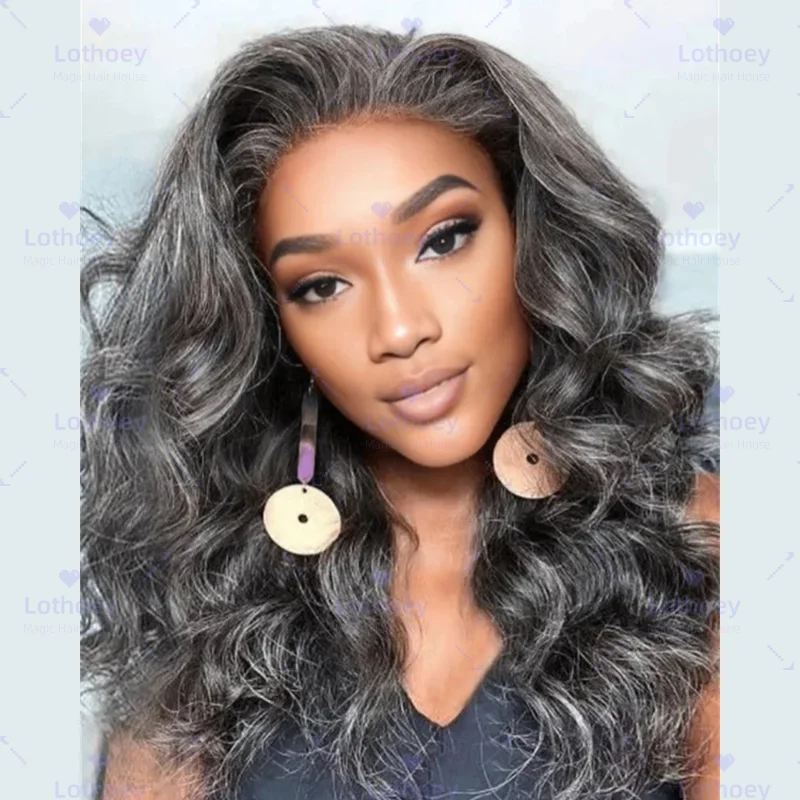 شفاف فلفل رمادي للمبتدئين ودية الجسم موجة الدانتيل الجبهة الباروكات متموجة غلويليس شعر مستعار شعر مستعار الإنسان