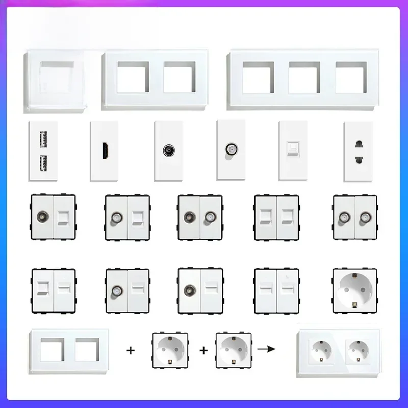 BINGOELEC Szklany przełącznik gniazdowy Szklany przełącznik z gniazdem tuya Przełącznik czujnikowy z gniazdem USB Rj45 CAT6 Biały DIY Części funkcyjne — zdjęcie 2