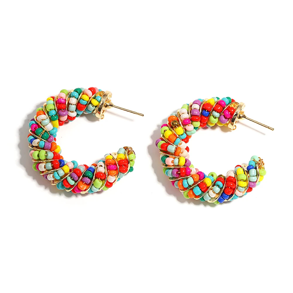Bohemia Colorful Seed Bead Hoop Earrings Candy Color Crystal Beaded Twist Dangle Earrings Women\'s Rainbow Swirl C-Shape Earring