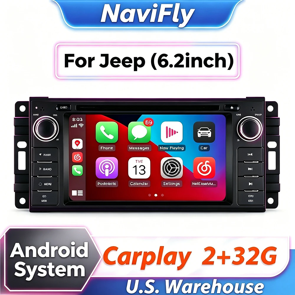 

Navifly Android System Car Radio 6.2 Inch Touch Screen Audio For Wrangler 3 JK Dodge Grand Cherokee Chrysler 300C Commander Caliber Multimedia Player GPS Navigation Carplay Stereo Support Camera BT WIFI RDS FM