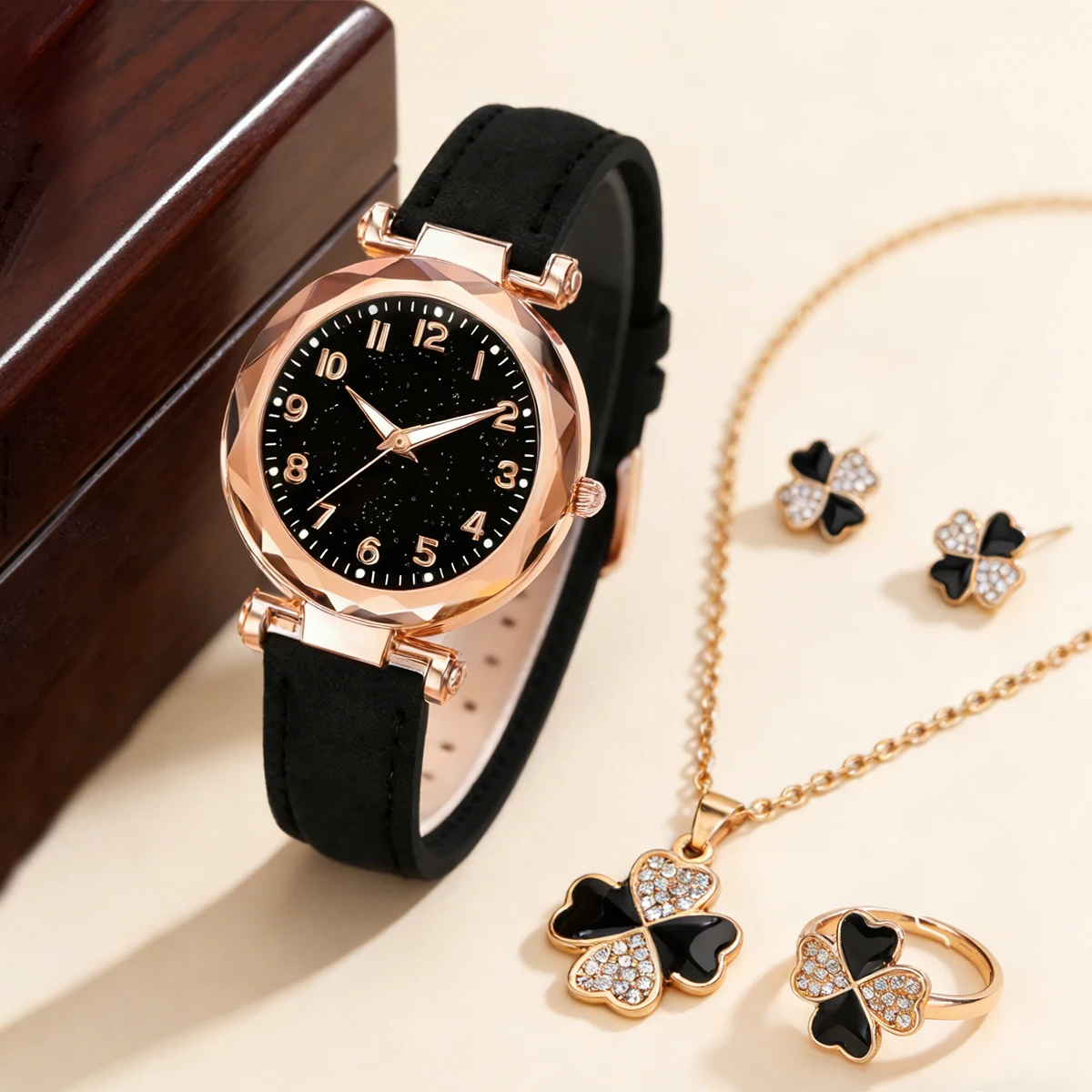 5-Piece Set of Women's Pu Leather Strap Fashion Watches with Floral Series Set, High-End Trendy, Exquisite Simple Pattern Quartz Watch and Necklace Combination, Best Gift Choice for Best Friend's Birthday, Girlfriend's Travel Vacation, Graduation Season, Halloween, Valentine's Day, Christmas