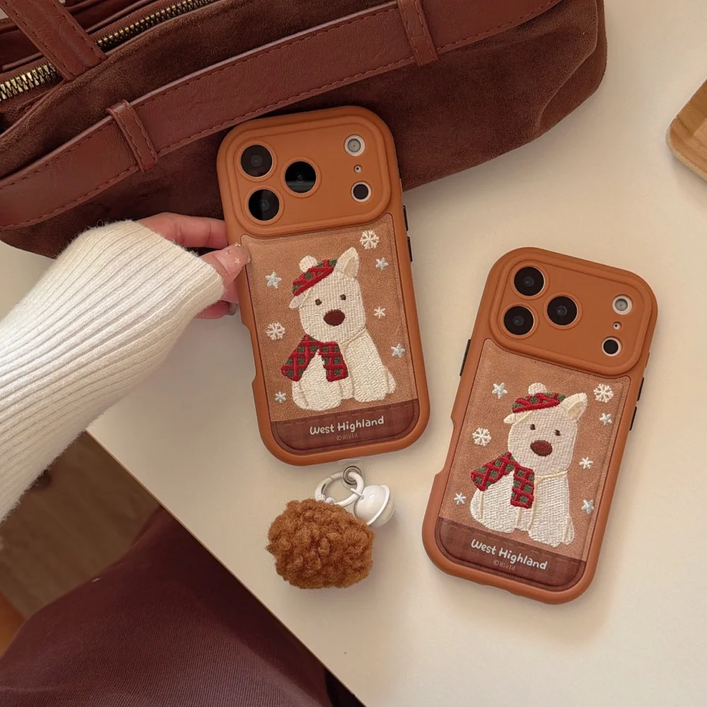 

Cute brown leather snowflake scarf puppy phone case, suitable for iPhone14/15/16/17 Pro Max, Fundans 17 Pro new protective case