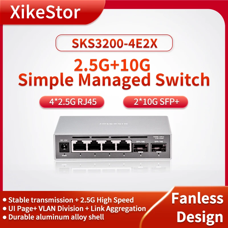 XikeStor Easy managed 4-port 2.5G + 2-port 10G switch, support VLAN link aggregation, fanless design network hub and splitter