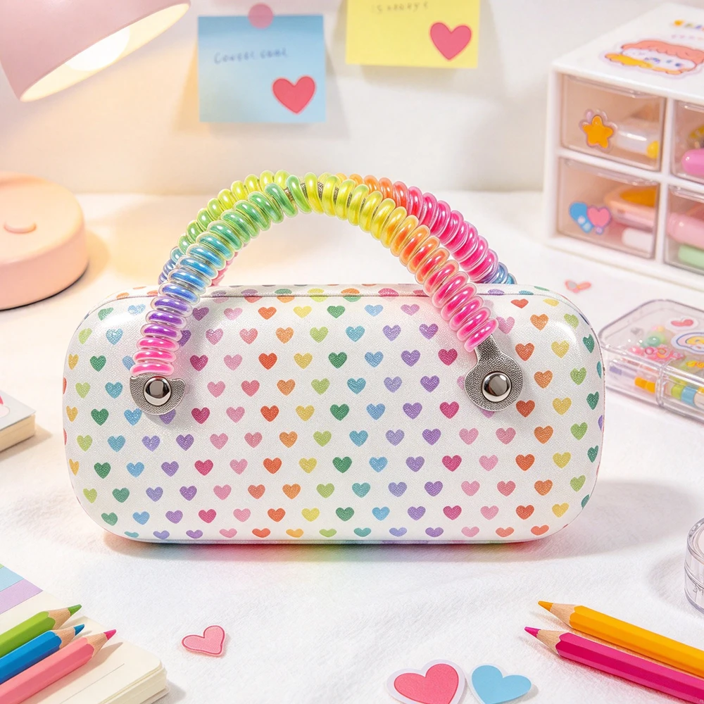 Cute Girls Multi-use Handbag Rainbow Hearts Pattern Hard Glasses Holde Children Sunglasses Protective Box r Portable Coin Purse