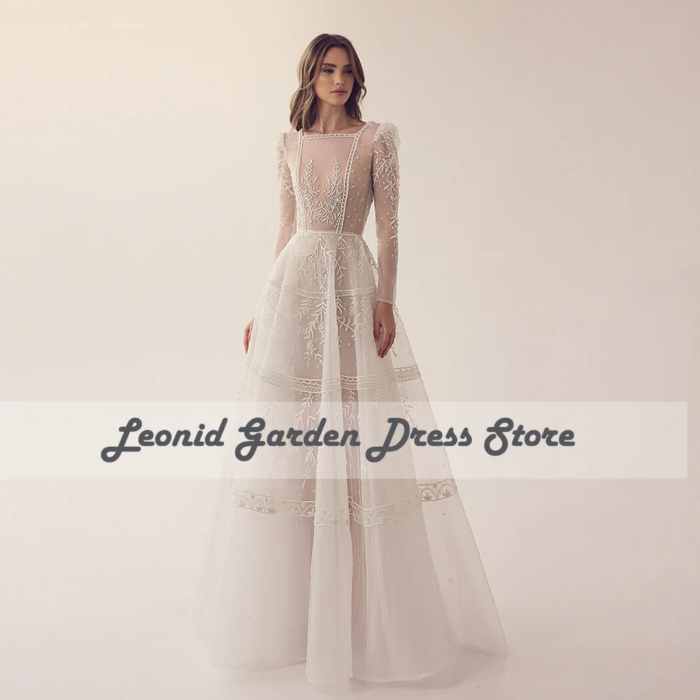 Sexy Organza Prom Dresses Square Collar Long Sleeves Illusion Wedding Guest Gowns Lace Appliques Floor Length A-Line فستان سهرة