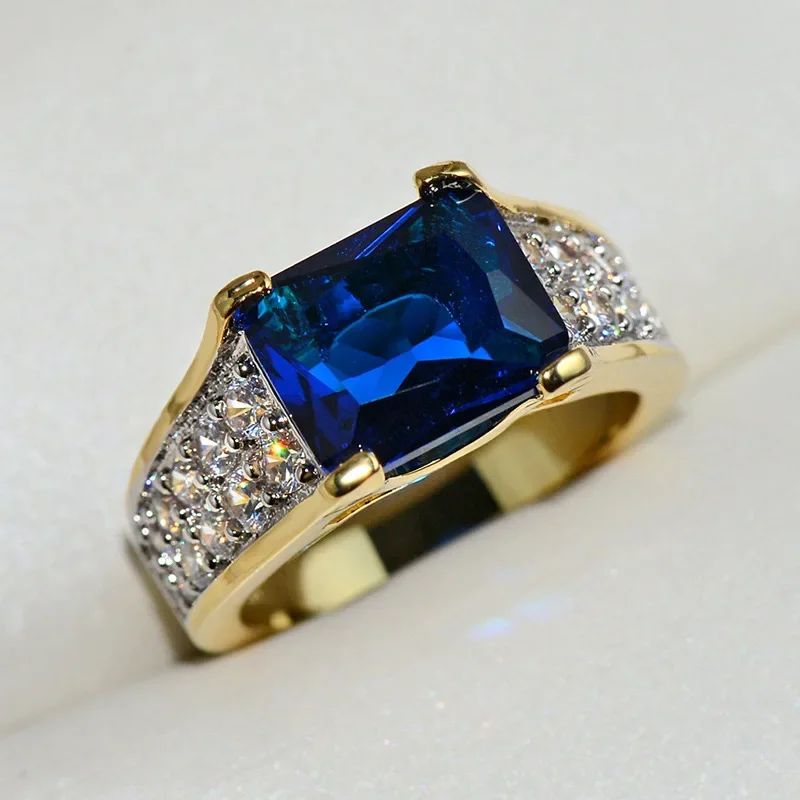 Vintage Gold Luxury Blue Crystal AAA Cubic Zirconia Pierścionki dla mężczyzn i kobiet Metal Plated srebrny ślubny pierścionek zaręczynowy — zdjęcie 2