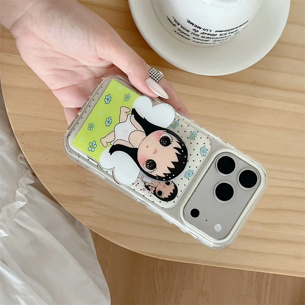 Cute Flower Girl Hellokitty Mirror with Stand Phone Case for iPhone 16 Pro Max 15 16 17 Pro Cover Korea Fashion Shockproof Cover