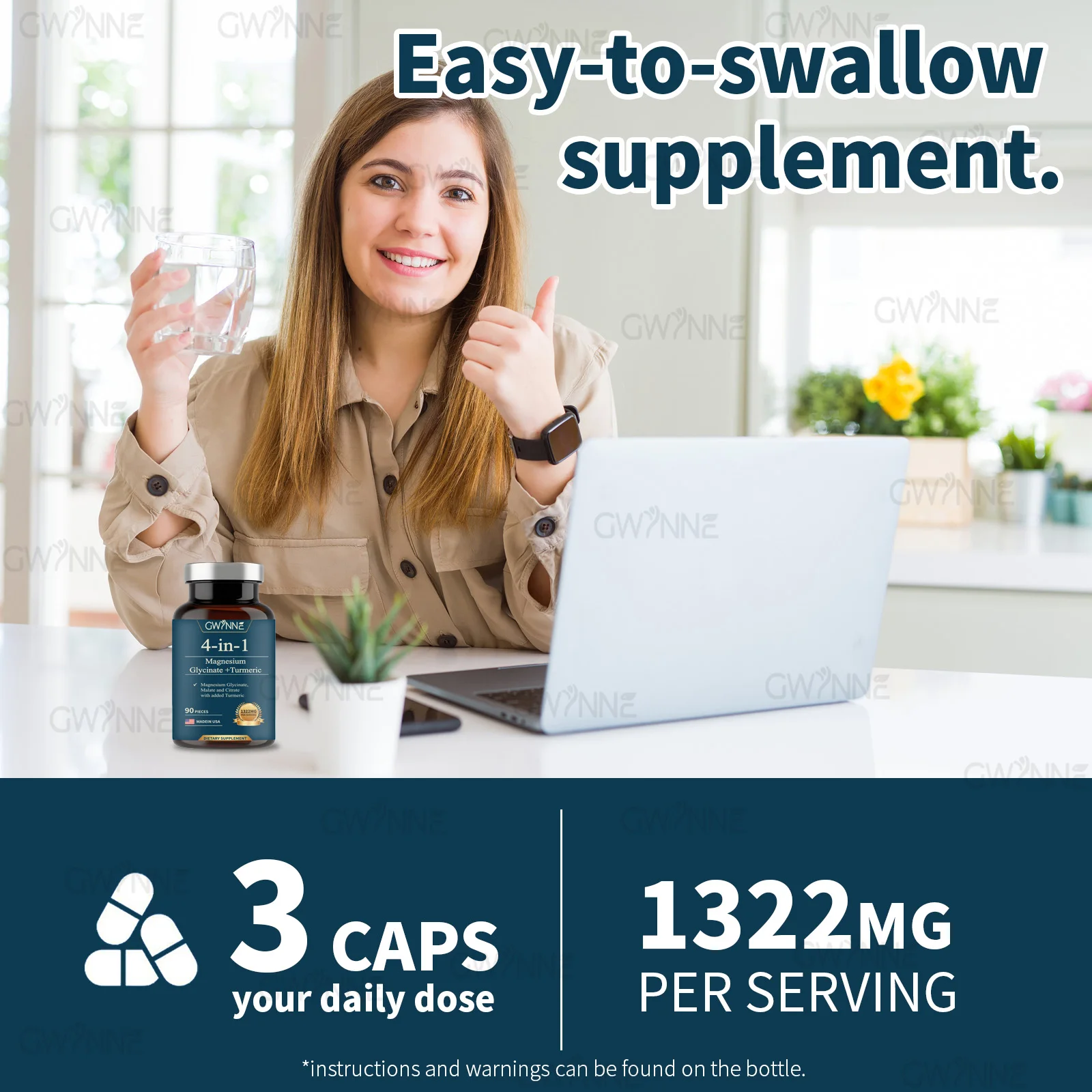 ملحق Gwynne Formula 4 in 1 (1322Mg)، يحارب التعب، ويقوي العضلات والأعصاب، 90 كبسولة عالية الامتصاص، والمغنيسيوم الثلاثي + الكركمين